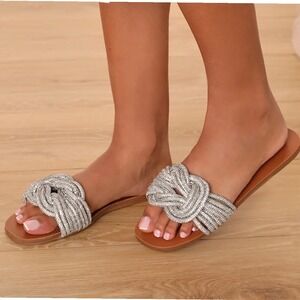 Steve Madden Adore Rhinestone Knotted Slide Sandals Silver Cognac Square Toe 9M